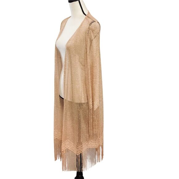 S.L. Fashions Women's Gold Metallic Crochet Fringe Hem Cover-up Kimono Large - Picture 5 of 7